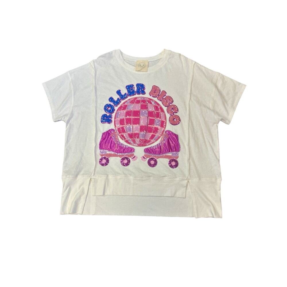 Fantastic Fawn Roller Disco Sequin Tee OVERSIZED Sz S